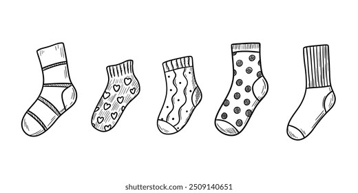 Outline cute socks, line doodle illustrations set isolated on white background