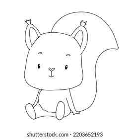 Outline cute squirrel sitting. Hand drawn character forest animal isolated on white background. Woodland animal for coloring book