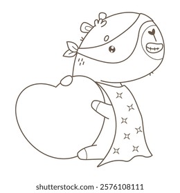 Outline Cute Superhero Capybara in hero mask and raincoat with big Heart valentine. Funny cartoon character animal. Line drawing, coloring book. Vector illustration. Kids collection