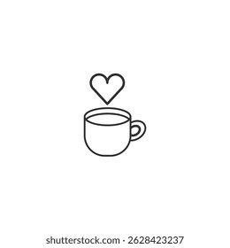 Outline cute vector icon of a green cup filled with hot chocolate, topped with a heart-shaped steam element.