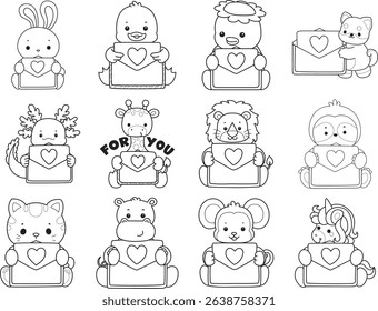 Outline of Cute wild animal vector icon. Lineart of Fluffy pet stickers.
outline of animals bring a love letter.