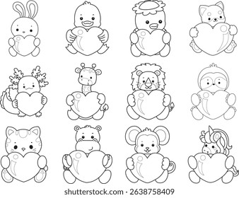 Outline of Cute wild animal vector icon. Lineart of Fluffy pet stickers.
outline of animals bring a love sign 
