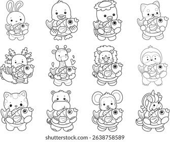 Outline of Cute wild animal vector icon. Lineart of Fluffy pet stickers.
outline of baby animals bring a gold fish
