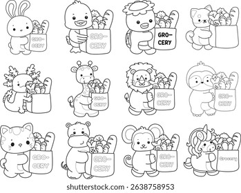 Outline of Cute wild animal vector icon. Lineart of Fluffy pet stickers.
outline of baby animals bring a grocery bag