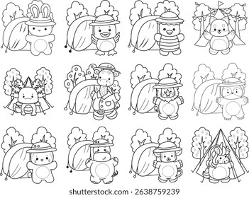 Outline of Cute wild animal vector icon. Lineart of Fluffy pet stickers.
outline of baby animals in the camp