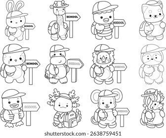 Outline of Cute wild animal vector icon. Lineart of Fluffy pet stickers.
outline of baby animals want to going to school
