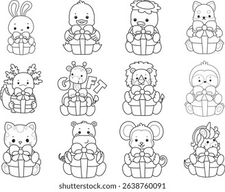 Outline of Cute wild animal vector icon. Lineart of Fluffy pet stickers.
outline of animals bring a gift box
