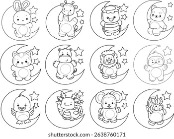 Outline of Cute wild animal vector icon. Lineart of Fluffy pet stickers.
outline of baby animals stand up in the moon
