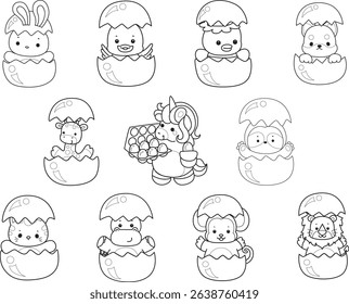 Outline of Cute wild animal vector icon. Lineart of Fluffy pet stickers.
outline of baby animals in the crack of eggs
