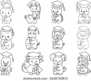 Outline of Cute wild animal vector icon. Lineart of Fluffy pet stickers.
outline of baby animals was graduation
