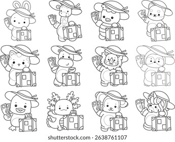 Outline of Cute wild animal vector icon. Lineart of Fluffy pet stickers.
outline of baby animals bring a Travelling bag