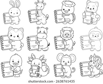Outline of Cute wild animal vector icon. Lineart of Fluffy pet stickers.
outline of baby animals bring a books

