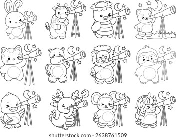 Outline of Cute wild animal vector icon. Lineart of Fluffy pet stickers.
outline of baby animals see the moon by telescope
