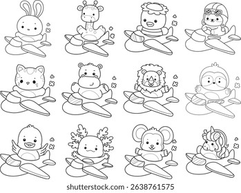 Outline of Cute wild animal vector icon. Lineart of Fluffy pet stickers.
outline of baby animals riding a plane
