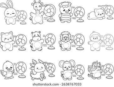 Outline of Cute wild animal vector icon. Lineart of Fluffy pet stickers.
outline of animals feel the air from the fan
