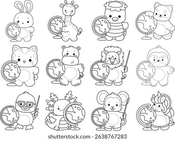 Outline of Cute wild animal vector icon. Lineart of Fluffy pet stickers.
outline of animals with globe
