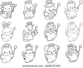 Outline of Cute wild animal vector icon. Lineart of Fluffy pet stickers.
outline of baby animals wearing a fairy costume
