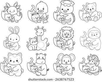 Outline of Cute wild animal vector icon. Lineart of Fluffy pet stickers.
outline of baby animals with kitten

