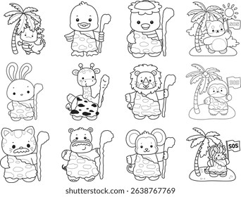 Outline of Cute wild animal vector icon. Lineart of Fluffy pet stickers.
outline of baby animals wearing an ancient costume
