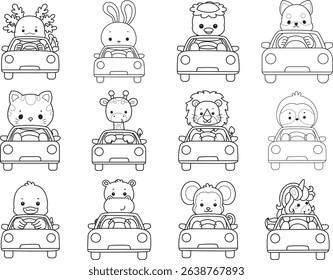 Outline of Cute wild animal vector icon. Lineart of Fluffy pet stickers.
outline of baby animals driving a car
