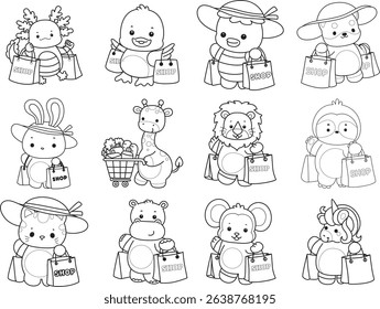 Outline of Cute wild animal vector icon. Lineart of Fluffy pet stickers.
outline of baby animals bring a grocery bag
