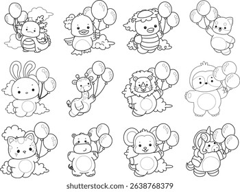 Outline of Cute wild animal vector icon. Lineart of Fluffy pet stickers.
outline of baby animals bring a three balloons
