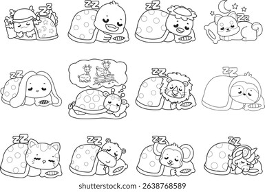 Outline of Cute wild animal vector icon. Lineart of Fluffy pet stickers.
outline of baby animals was sleeping
