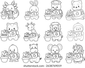 Outline of Cute wild animal vector icon. Lineart of Fluffy pet stickers.
outline of baby animals watering a tulip flower
