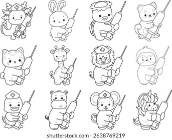 Outline of Cute wild animal vector icon. Lineart of Fluffy pet stickers.
outline of baby animals bring a syringe
