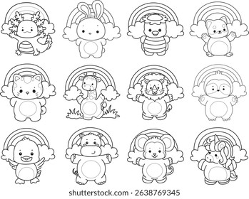 Outline of Cute wild animal vector icon. Lineart of Fluffy pet stickers.
outline of baby animals in front of the rainbow
