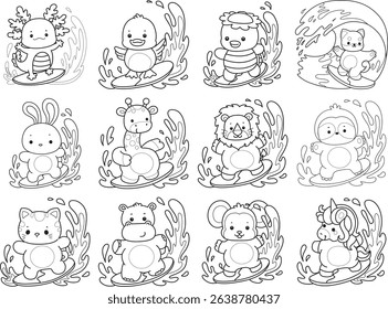 Outline of Cute wild animal vector icon. Lineart of Fluffy pet stickers.
outline of animals playing a surfing
