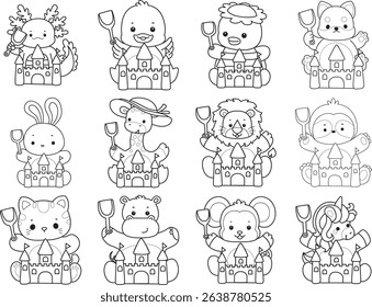 Outline of Cute wild animal vector icon. Lineart of Fluffy pet stickers.
outline of animals playing a sand castle
