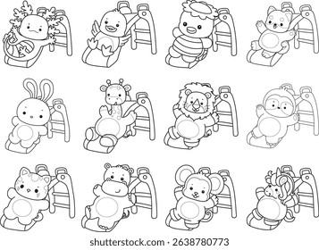 Outline of Cute wild animal vector icon. Lineart of Fluffy pet stickers.
outline of animals playing in the sliding