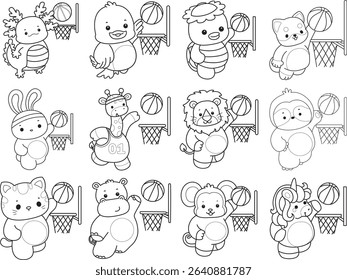 Outline of Cute wild animal vector icon. Lineart of Fluffy pet stickers.
outline of animals playing a basketball