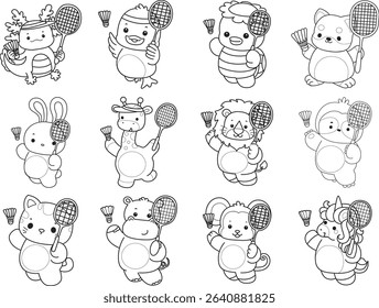 Outline of Cute wild animal vector icon. Lineart of Fluffy pet stickers.
outline of animals playing a badminton
