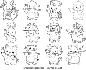 Outline of Cute wild animal vector icon. Lineart of Fluffy pet stickers.outline of animals playing a flute
