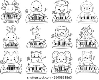 Outline of Cute wild animal vector icon. Lineart of Fluffy pet stickers. outline of animals playing a piano
