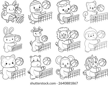 Outline of Cute wild animal vector icon. Lineart of Fluffy pet stickers. outline of animals playing a volley ball
