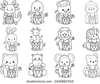 Outline of Cute wild animal vector icon. Lineart of Fluffy pet stickers.
outline of animals playing a drum in the carnival
