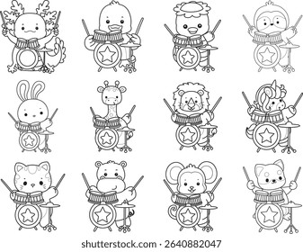Outline of Cute wild animal vector icon. Lineart of Fluffy pet stickers.
outline of animals playing a drum in the band