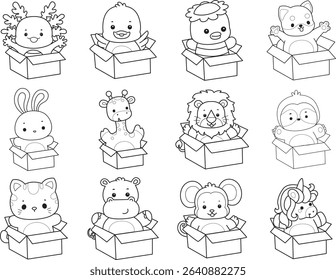 Outline of Cute wild animal vector icon. Lineart of Fluffy pet stickers.
outline of baby animals in the box
