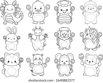 Outline of Cute wild animal vector icon. Lineart of Fluffy pet stickers.
outline of animals playing a maracas.
