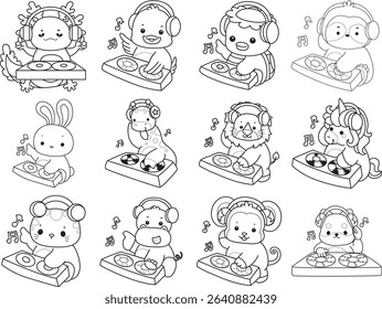 Outline of Cute wild animal vector icon. Lineart of Fluffy pet stickers.
outline of animals playing a DJ in the club
