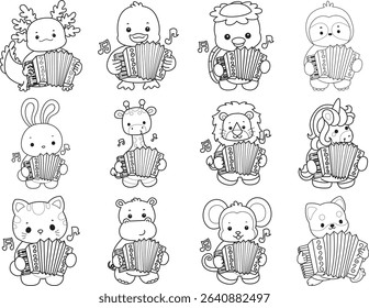 Outline of Cute wild animal vector icon. Lineart of Fluffy pet stickers.
outline of animals playing a accordion