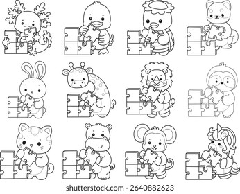 Outline of Cute wild animal vector icon. Lineart of Fluffy pet stickers. outline of animals playing a puzzle
