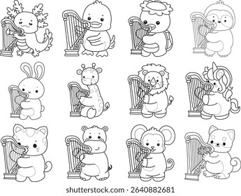 Outline of Cute wild animal vector icon. Lineart of Fluffy pet stickers.
outline of animals playing a harpa

