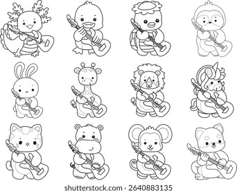 Outline of Cute wild animal vector icon. Lineart of Fluffy pet stickers.
outline of animals playing a guitar
