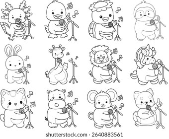 Outline of Cute wild animal vector icon. Lineart of Fluffy pet stickers. outline of animals sing a song with microphone
