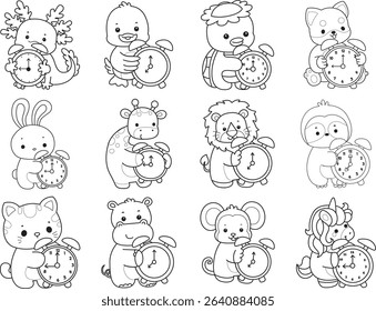 Outline of Cute wild animal vector icon. Lineart of Fluffy pet stickers.
outline of animals bring an alarm clock
