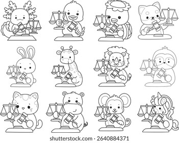 Outline of Cute wild animal vector icon. Lineart of Fluffy pet stickers.
outline of animals bring a hammer and scales
